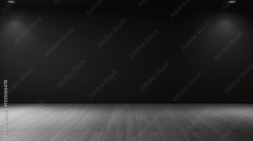 A black room with a wooden floor and two lights on the ceiling. A black room with a wooden floor and two lights on the ceiling.