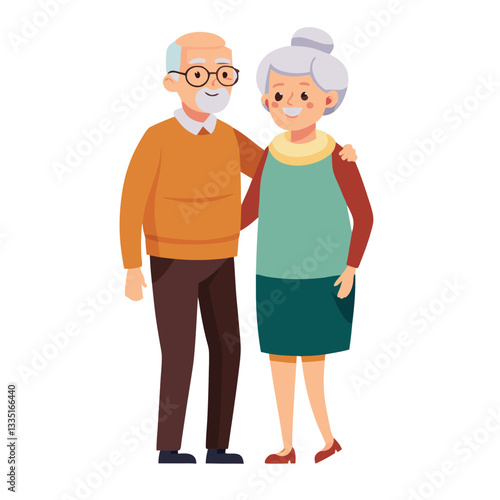 An elderly man and woman with glasses, standing or strolling arm in arm, sharing a warm and loving moment.
