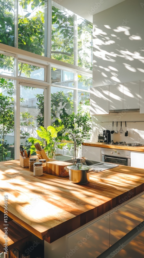 Fototapeta premium Sustainable kitchen prep scene modern home photography sunlit environment playful shadows concept