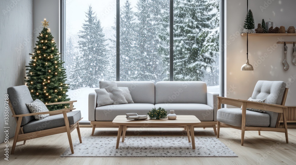 A minimalist Scandinavian-style living room with a soft gray sofa, a wooden armchair, and a light wood coffee table