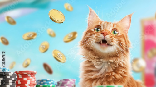 Excited cat winner looking at falling gold coins and poker chips at casino