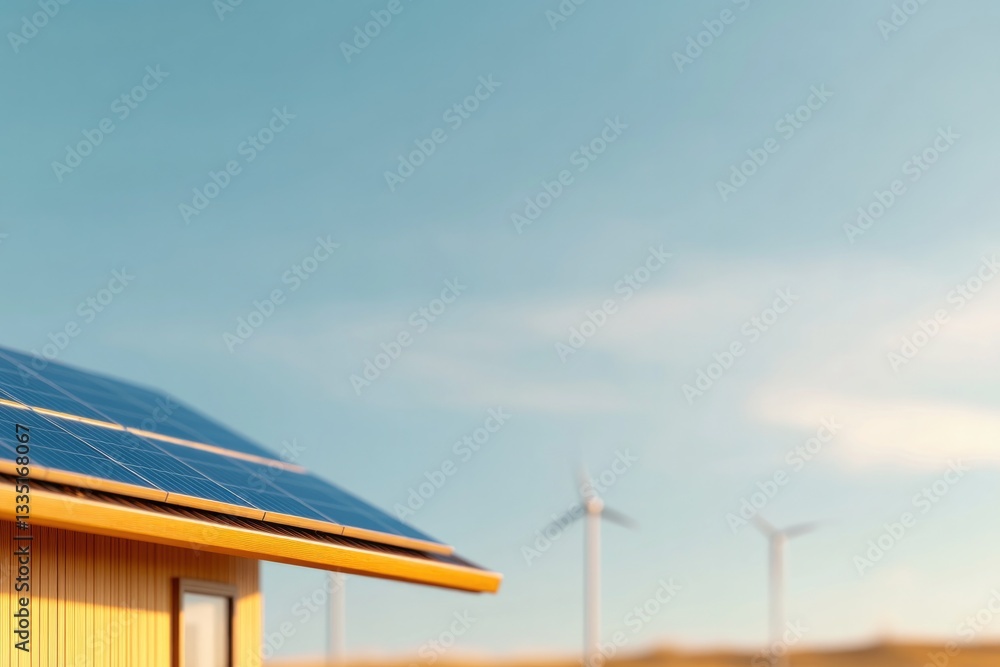 Obraz premium modern home showcasing various alternative energy sources like solar panels and wind turbines in clean minimalistic
