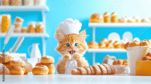 Ginger cat wearing a chef’s hat, excitedly standing in a bakery surrounded by fresh pastries