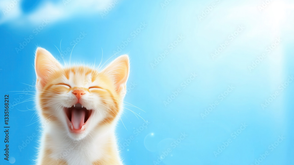Fototapeta premium Happy ginger kitten with open mouth against a bright blue sky