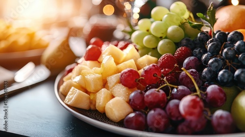 Colorful themed fruit arrangement for a party festive side view vibrant and inviting atmosphere