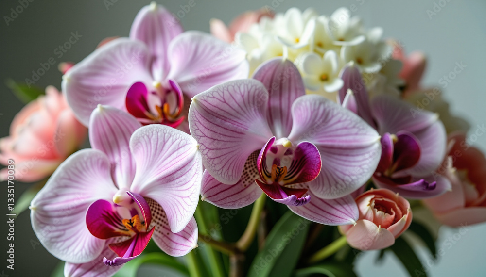 Obraz premium Close-up of pink orchids and mixed flowers, pastel colors, romantic floral arrangement