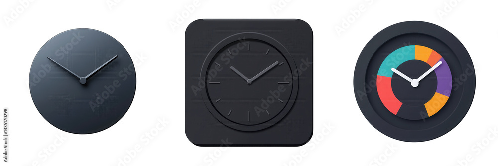 Three dark clocks showing time isolated on white or transparent png Three dark clocks showing time isolated on white or transparent png