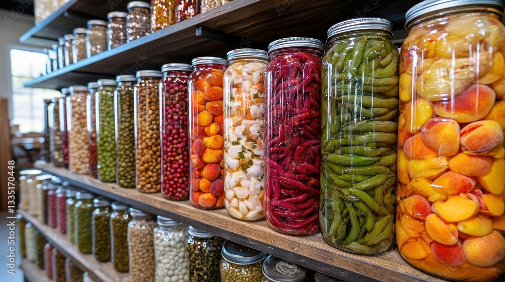 Glass jars filled with various preserved fruits, vegetables, and legumes on wooden shelves Glass jars filled with various preserved fruits, vegetables, and legumes on wooden shelves