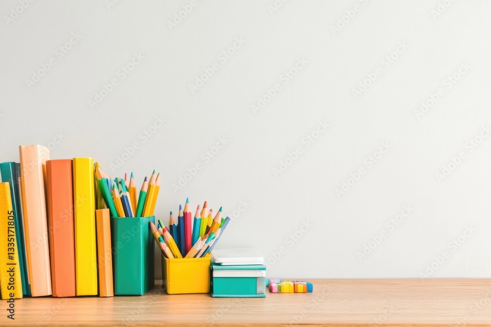 Fototapeta premium wooden desk with colorful children books and educational supplies neatly arranged bright colored pencils and erasers