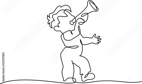 Boy blowing into trumpet. Continuous one line drawing.