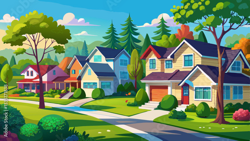 A picturesque suburban neighborhood with charming houses, manicured lawns, and vibrant trees on a bright, clear day.