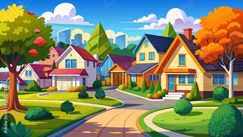 A picturesque suburban neighborhood with charming houses, manicured lawns, and vibrant trees on a bright, clear day.