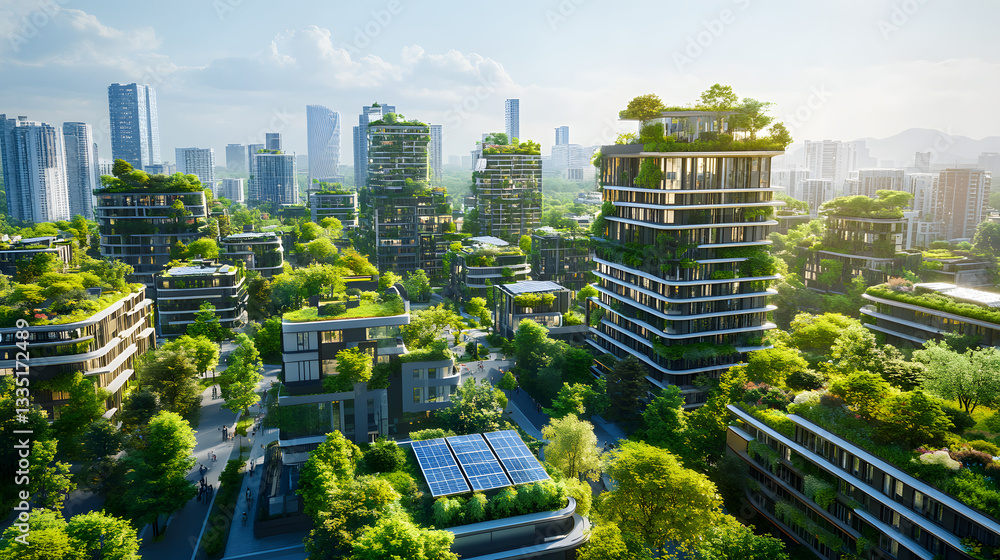 Obraz premium An eco-conscious city with a focus on reducing CO2 emissions, featuring green rooftops, solar panels, and electric vehicles, all part of a plan to create a cleaner, more sustainable urban space.