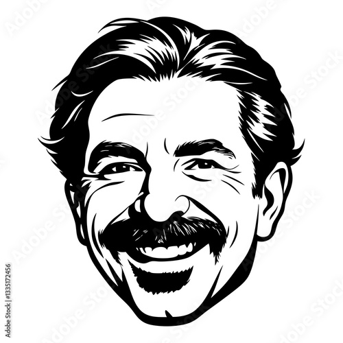 a portrait of a smiling man mascot head with a mustache in black and white style