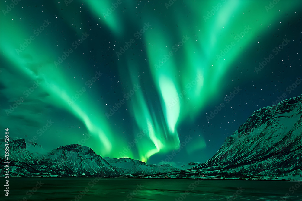 Observing Aurora Borealis Displays Over Snowy Mountain Scenery at Night Observing Aurora Borealis Displays Over Snowy Mountain Scenery at Night