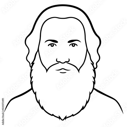 a monochrome illustration of a man with a beard, hair, looking forward  vector illustration