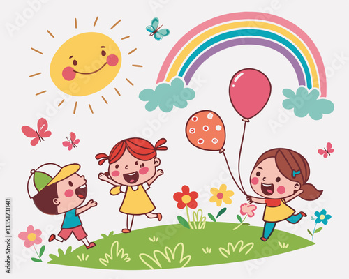 Happy Children Playing in Park with Balloons and Rainbow. Cheerful cartoon vector illustration with happy children playing outdoors on a sunny day. Colorful balloons, smiling sun, rainbow, butterflies