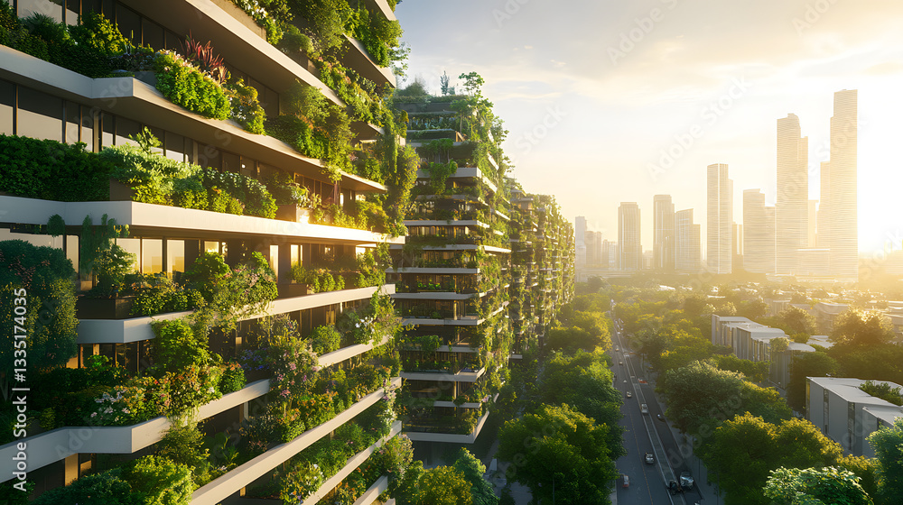 Obraz premium An eco-conscious city with green architecture, smart grids, and electric public transportation, designed to reduce CO2 emissions and foster a sustainable lifestyle.