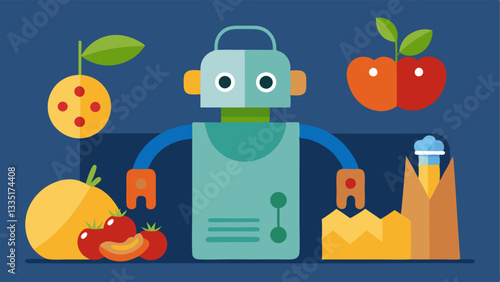 Robot with a Vacuum Sealer A robot is sealing food in a vacuum bag surrounded by fresh produce demonstrating its role in meal preparation and storage.