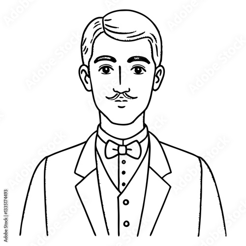 a vintage gentleman wearing a formal suit and bowtie, drawn with an artistic style and a touch of elegance. This classic portrait captures a timeless appeal and refined sophistication