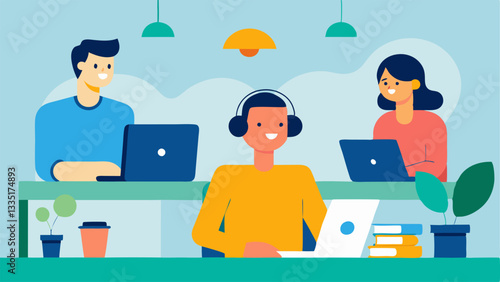 Office Setting A collaborative workspace where an extrovert is leading an animated brainstorming session with colleagues while an introvert is at their desk with noisecanceling
