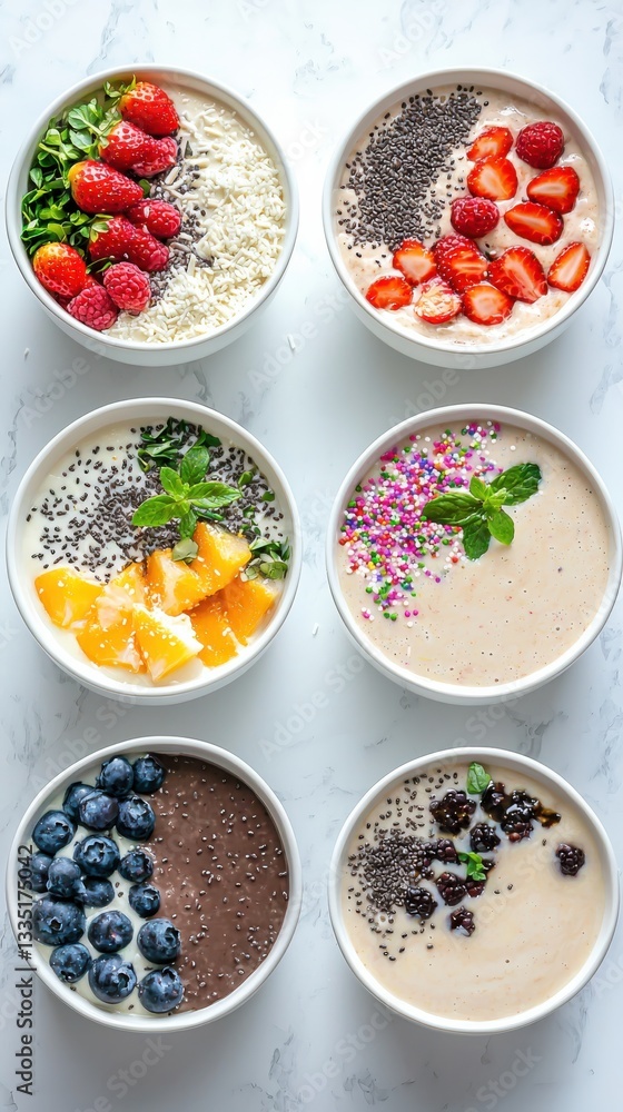 Garnishing techniques for smoothie bowls overhead view of colorful sprinkled bowls in bright light Garnishing techniques for smoothie bowls overhead view of colorful sprinkled bowls in bright light