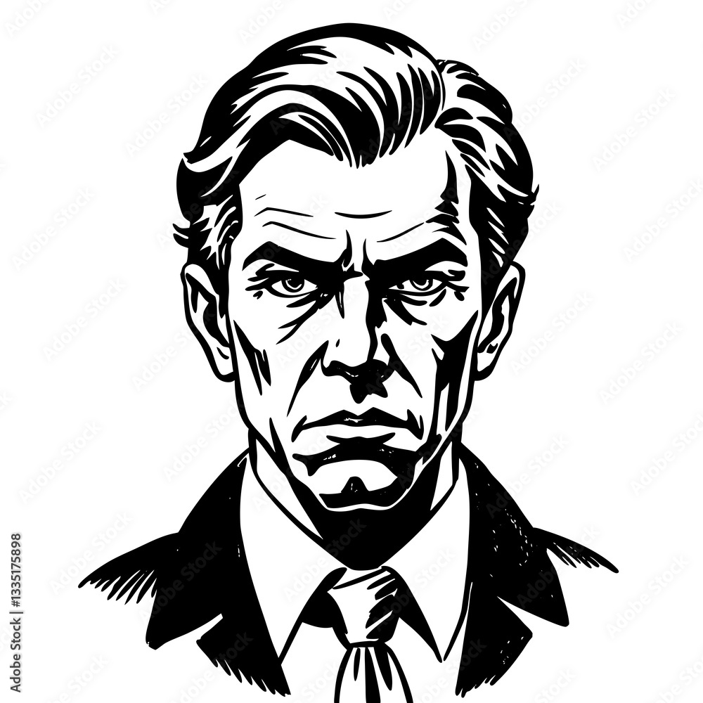 a black and white portrait illustration of a serious and determined man, with a stern expression a black and white portrait illustration of a serious and determined man, with a stern expression