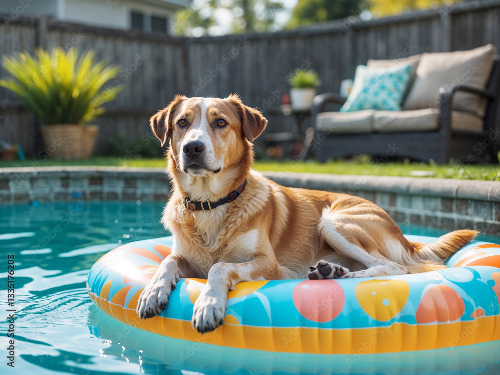 Mixed breed dog lounging on a pool float in the backyard