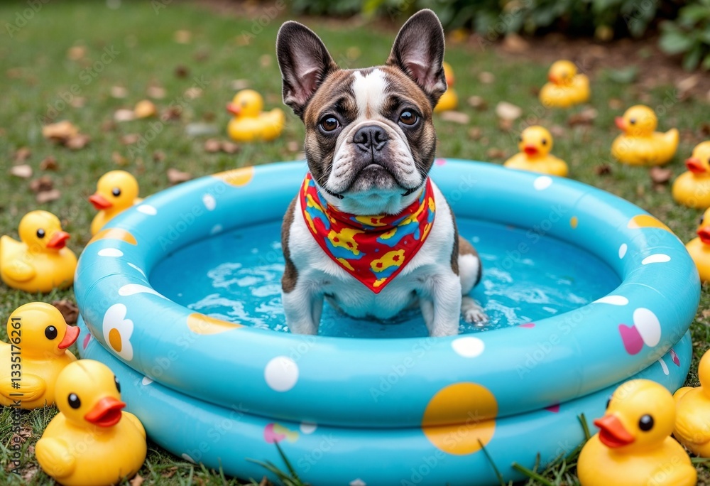 French bulldog sitting in a small inflatable pool, wearing a colorful bandana and surrounded by floating rubber ducks