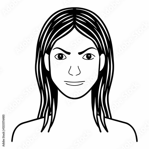a monochrome illustration of a woman's face with long hair, expressing a serious emotion vector illustration