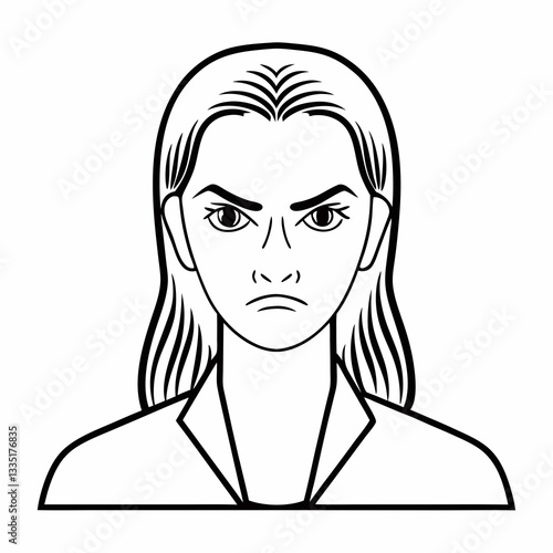 an angry woman with a stern look illustrated in a line art style