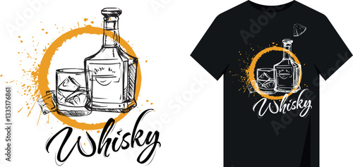 T-shirt print design whiskey bottle glass hand drawn. Vector design alcohol realistic effect brush strokes splashes
