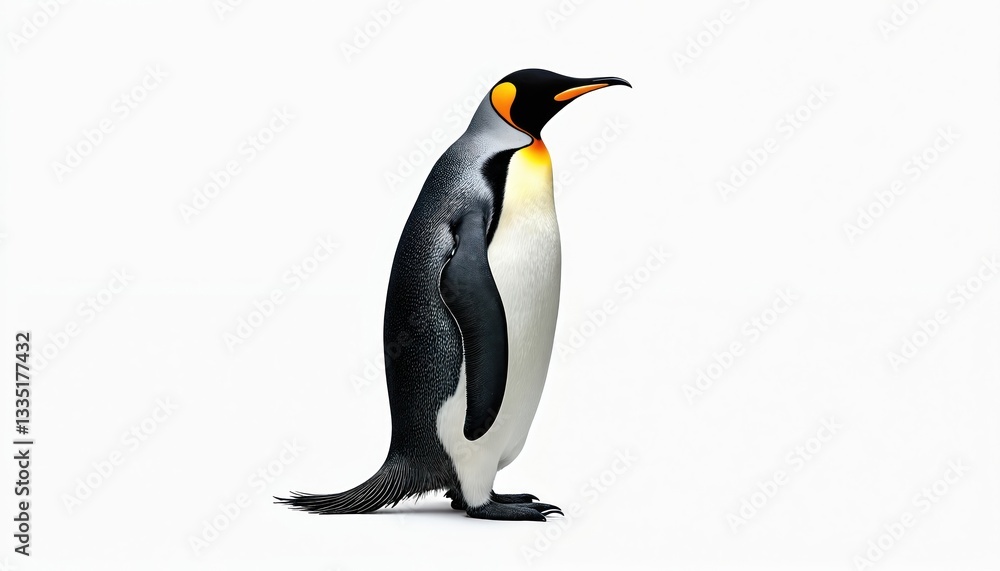 Fototapeta premium Majestic emperor penguin stands tall, isolated on clean white background. Large flightless bird shows its black, white, yellow plumage colors. The animal looks proud and confident on ice.