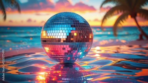 Disco ball on beach at sunset