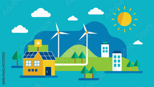 Renewable Energy Sources A landscape featuring solar panels and wind turbines connected to the smart grid with arrows indicating energy flow from these renewable sources to the