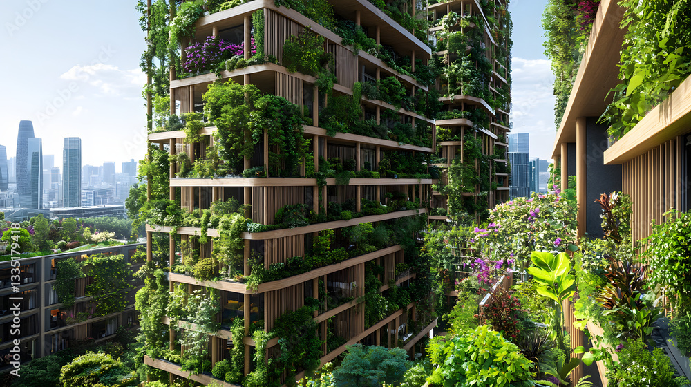 An environmentally friendly city featuring rooftop gardens, vertical forests, and a network of green public spaces that help to reduce the urban heat island effect and increase biodiversity. An environmentally friendly city featuring rooftop gardens, vertical forests, and a network of green public spaces that help to reduce the urban heat island effect and increase biodiversity.