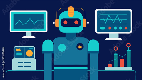 Sleep Study Robot A robot beside a patient in a sleep lab monitoring brain waves and breathing patterns with screens displaying analysis metrics.