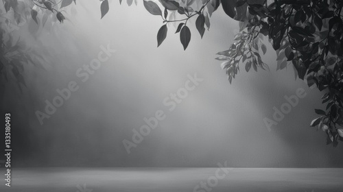 A black and white image of a tree branch with leaves against a gray background.