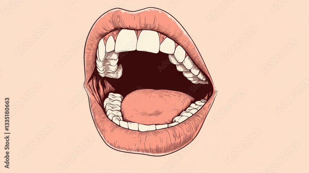 Close-up illustration of an open mouth, showcasing teeth and tongue. Close-up illustration of an open mouth, showcasing teeth and tongue.