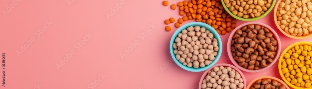 Vibrant colored bubbles filled with different textures of cat food, visually striking composition Vibrant colored bubbles filled with different textures of cat food, visually striking composition