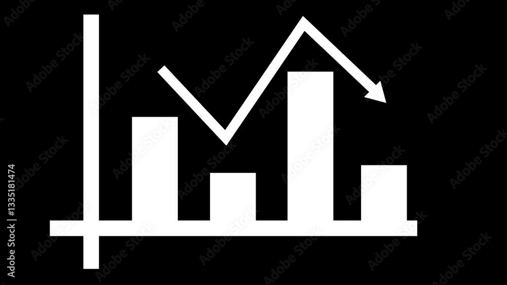 Bar and Line Graph Icon with Downward Trend, White bar and line graph icon on a black background, showing a downward trend Bar and Line Graph Icon with Downward Trend, White bar and line graph icon on a black background, showing a downward trend