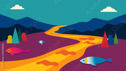 Polluted River A scenic river polluted with colorful dye and fabric scraps with fish struggling on the surface ing water pollution caused by the garment industry.
