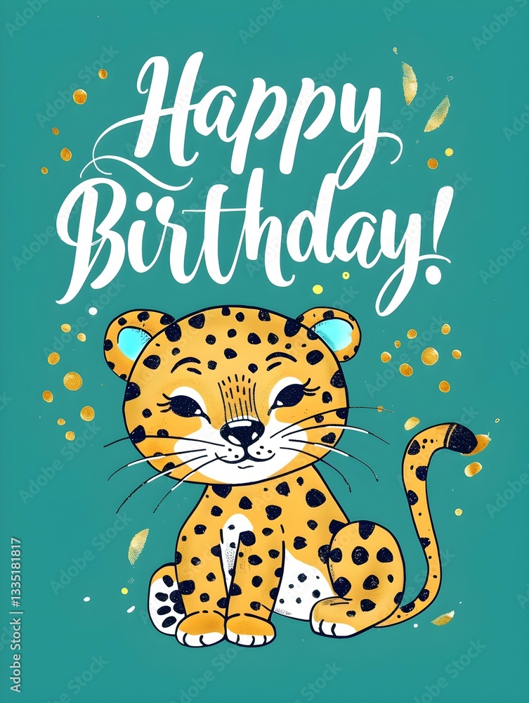 Naklejka premium Happy Birthday Card with a cute Leopard Illustration on a cyan Background