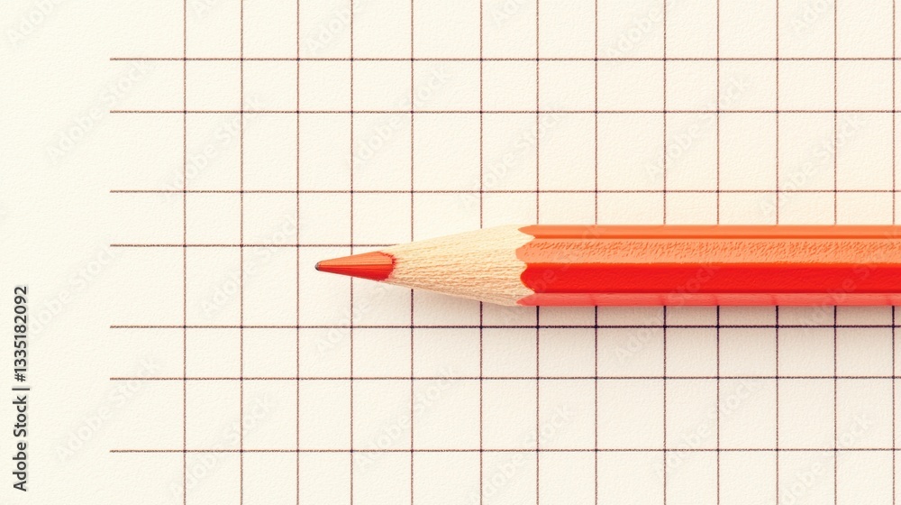 A red pencil with a light brown eraser rests on a grid of graph paper. A red pencil with a light brown eraser rests on a grid of graph paper.