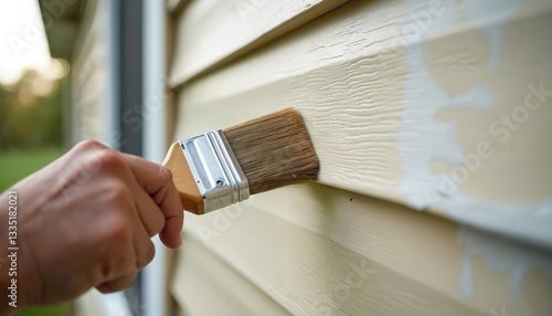 Fototapeta Naklejka Na Ścianę i Meble -  Hand holding paintbrush, painting tan vinyl siding on house exterior. Home improvement, DIY project for homeowner. Repairing, renovating surface with white paint using tool. Wood texture wall