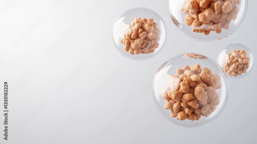 3D-rendered cat food bubbles filled with high-protein ingredients, suspended in zero gravity 3D-rendered cat food bubbles filled with high-protein ingredients, suspended in zero gravity