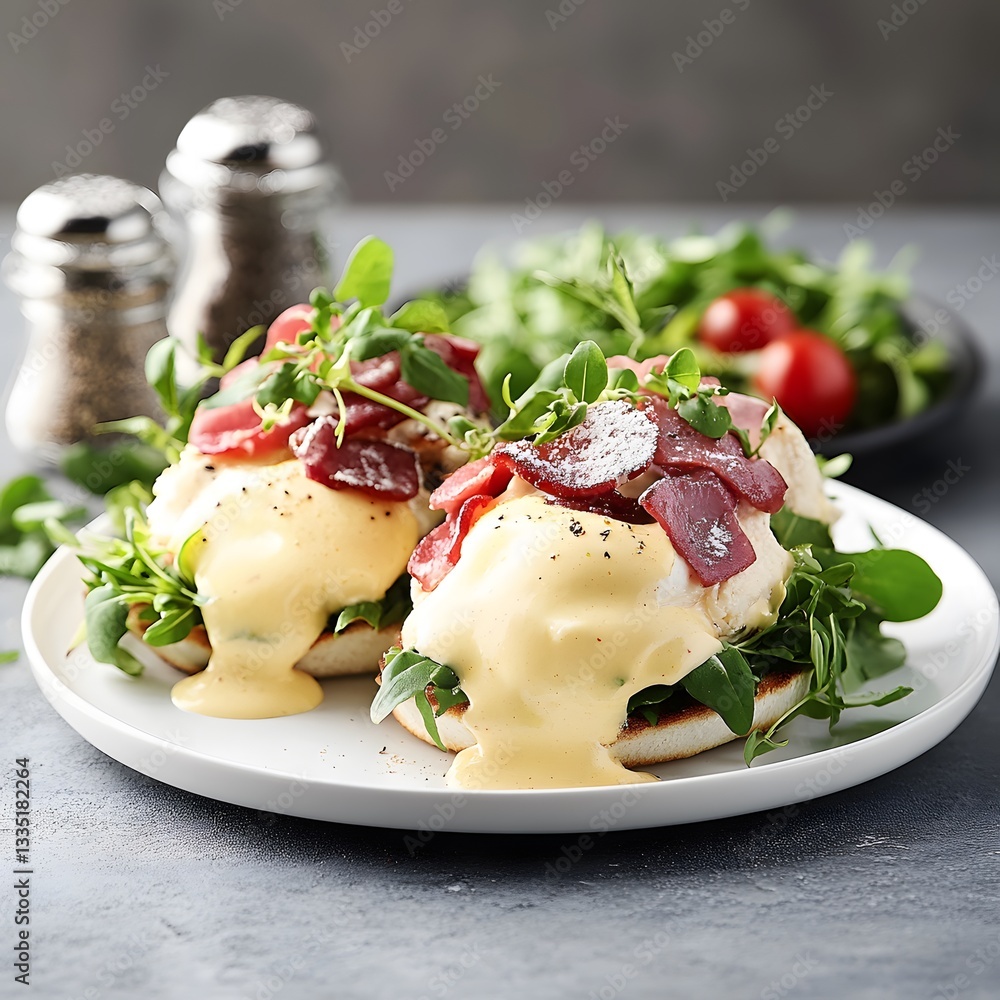 Delicious Eggs Benedict with Smoked Duck Breast and Hollandaise Sauce Delicious Eggs Benedict with Smoked Duck Breast and Hollandaise Sauce