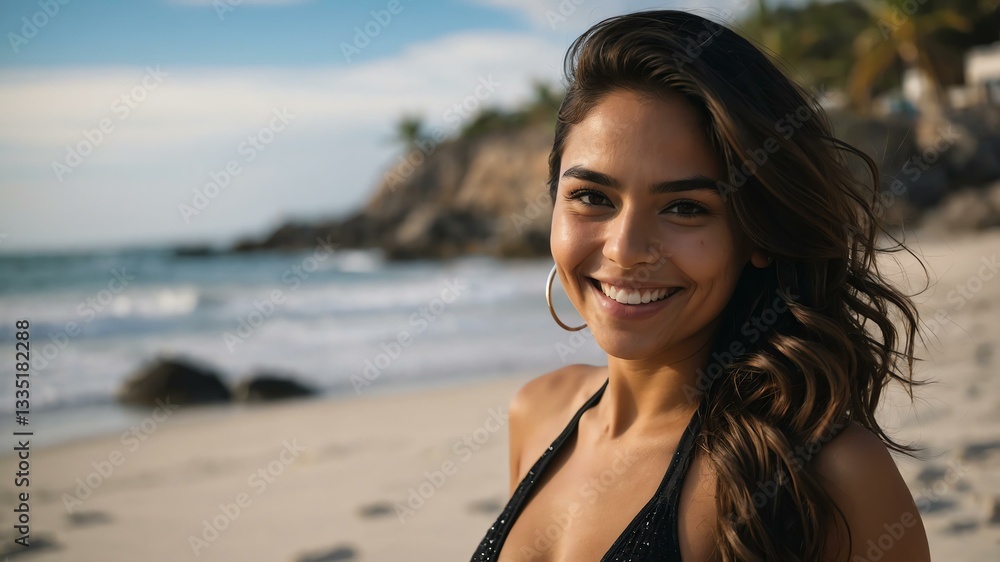 Good-looking young hispanic gal in black themed swimwear on a beach smiling Good-looking young hispanic gal in black themed swimwear on a beach smiling