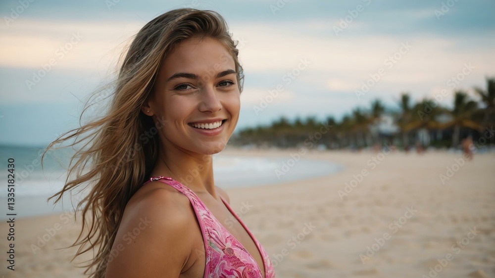 Good-looking young caucasian gal in pink themed swimwear on a beach smiling Good-looking young caucasian gal in pink themed swimwear on a beach smiling
