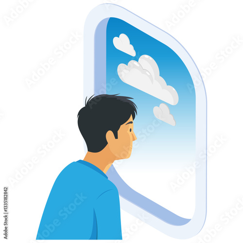 A young man gazing out of an airplane window, Isometric Illustration